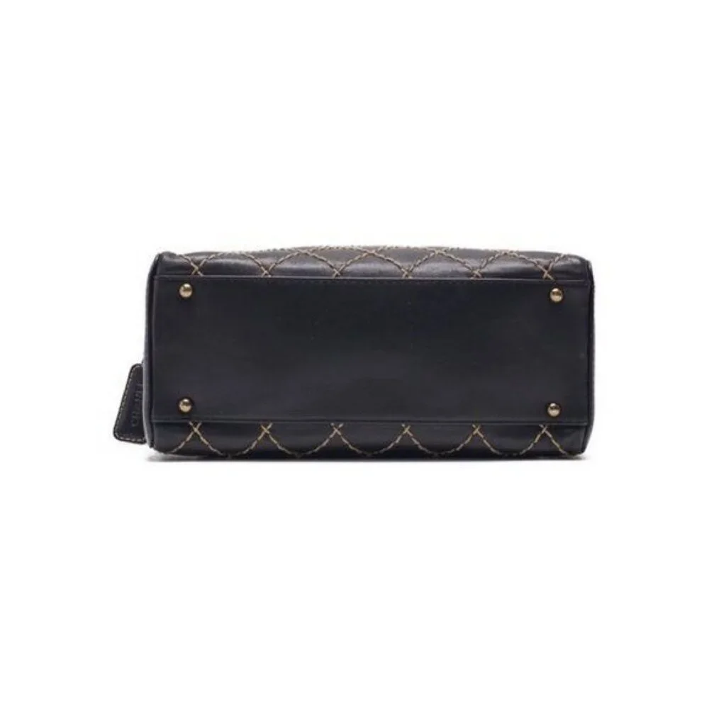Authentic CHANEL CC Wild Stitch Vintage Quilted Bowler Hand Bag Tote Lambskin - Picture 7 of 15